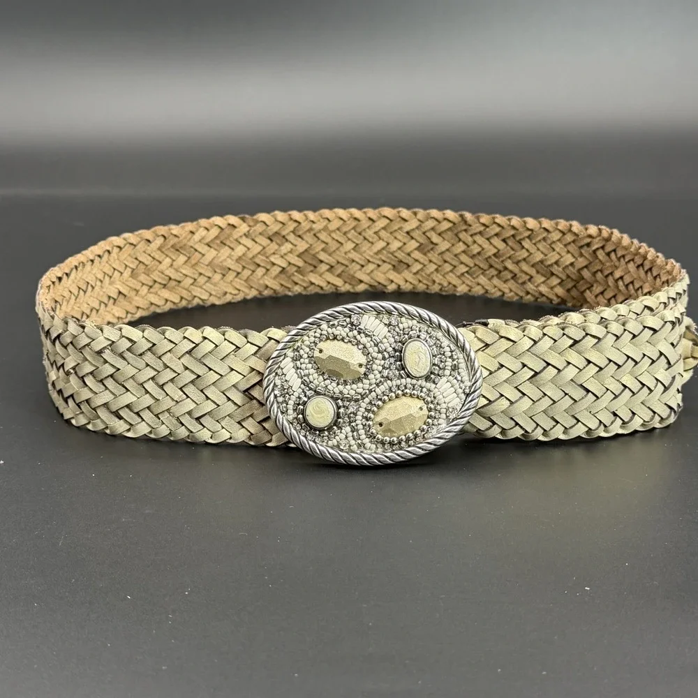 Chico's Women's Silver Metallic Woven Slouch Belt Gem Stones Size Small NWT